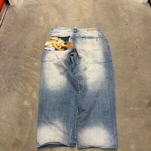 Relaxed Fit Blue Jeans with Cartoon Design